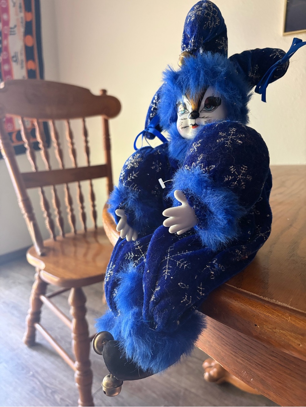 Vintage Porcelain Cat Jester Doll w/ winter/snowflake design, dark blue mateo